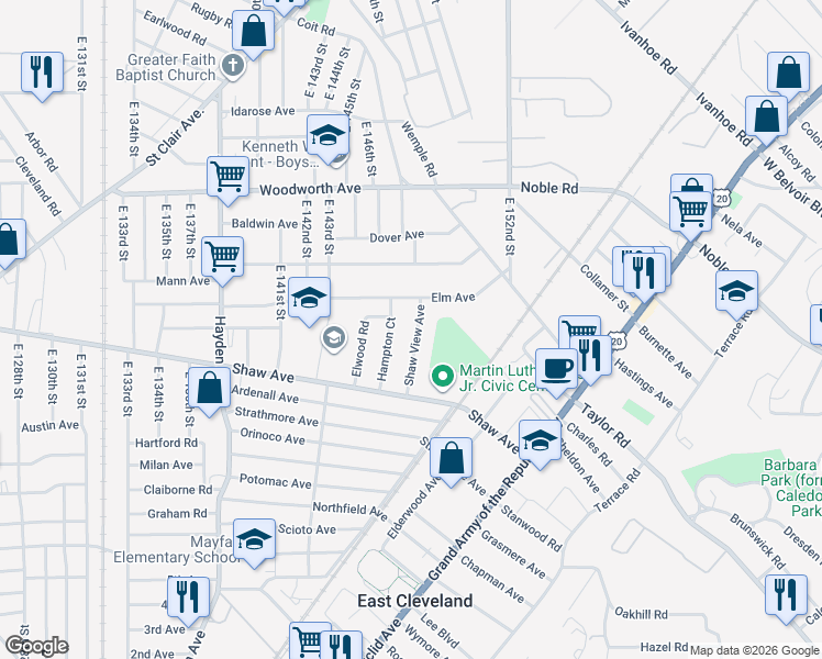 map of restaurants, bars, coffee shops, grocery stores, and more near 1330 Shaw View Avenue in East Cleveland