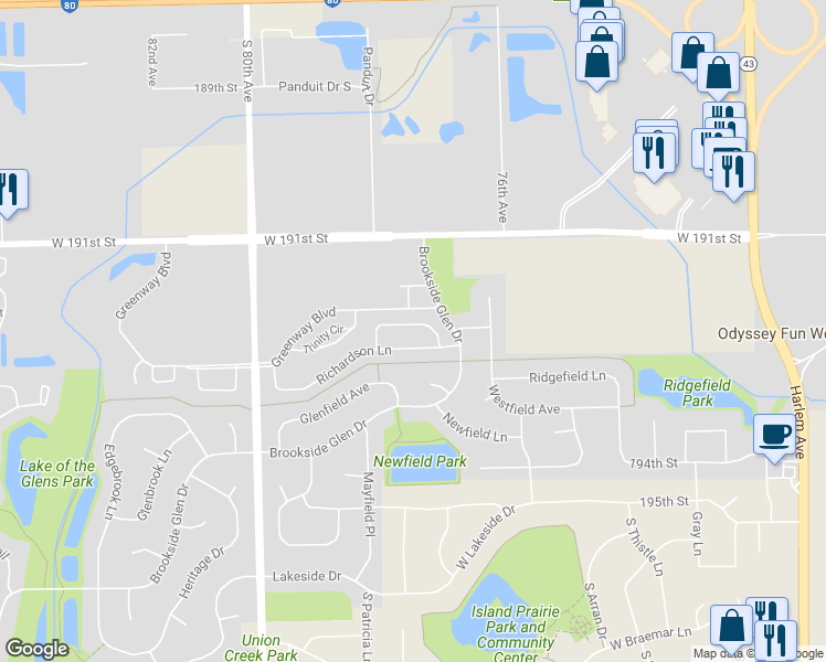 map of restaurants, bars, coffee shops, grocery stores, and more near 7717 Northfield Lane in Tinley Park