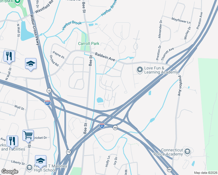 map of restaurants, bars, coffee shops, grocery stores, and more near 215 Metacomet Drive in Meriden
