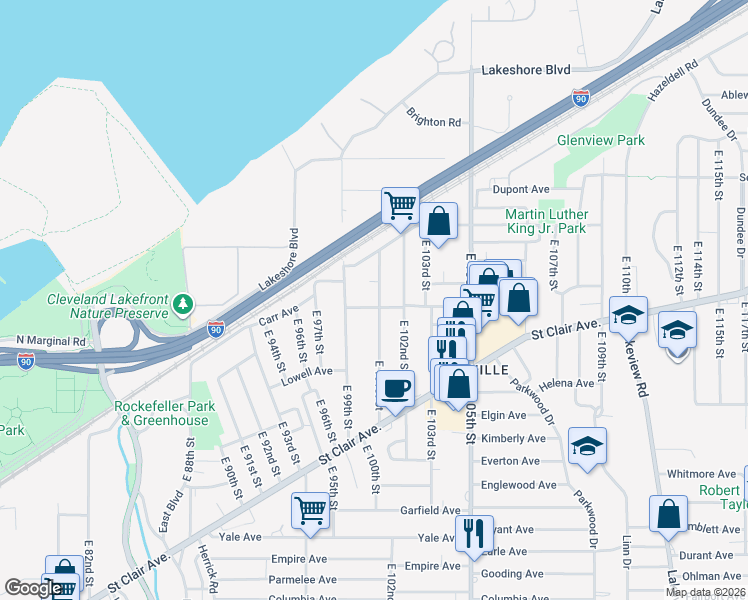 map of restaurants, bars, coffee shops, grocery stores, and more near 592 East 101st Street in Cleveland