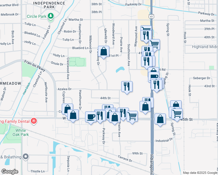 map of restaurants, bars, coffee shops, grocery stores, and more near 2117 Azalea Drive in Highland