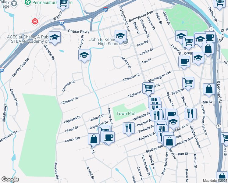 map of restaurants, bars, coffee shops, grocery stores, and more near 840 Washington Avenue Extension in Waterbury