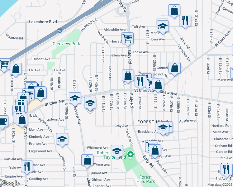 map of restaurants, bars, coffee shops, grocery stores, and more near 596 East 118th Street in Cleveland
