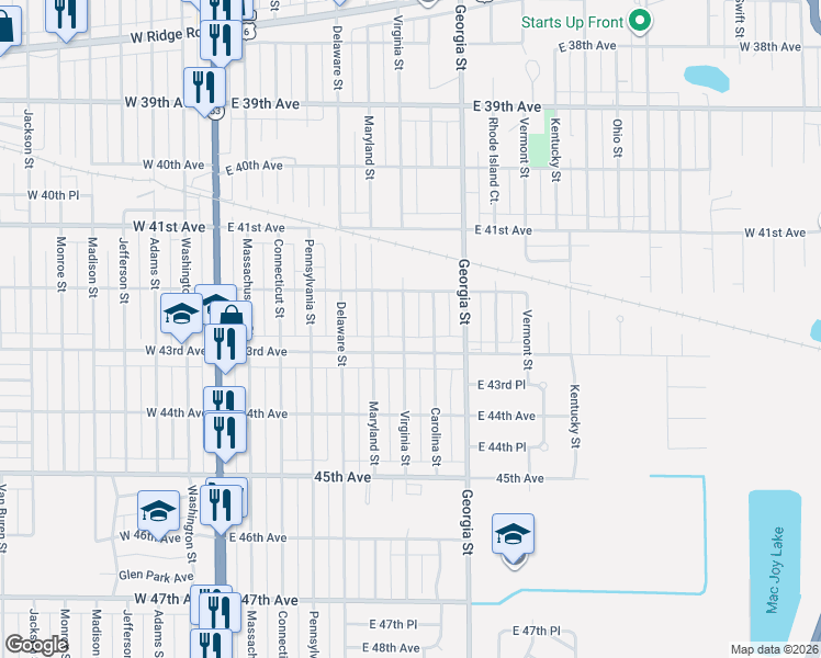map of restaurants, bars, coffee shops, grocery stores, and more near 4261 Virginia Street in Gary
