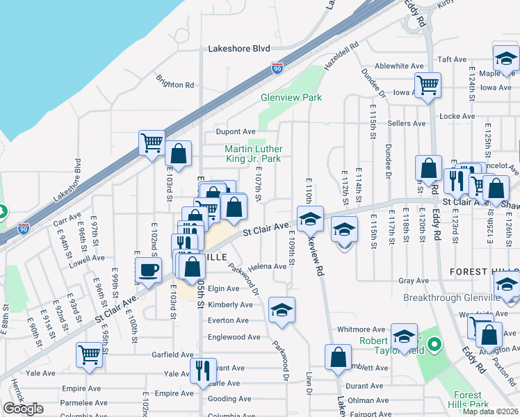 map of restaurants, bars, coffee shops, grocery stores, and more near 600 East 107th Street in Cleveland