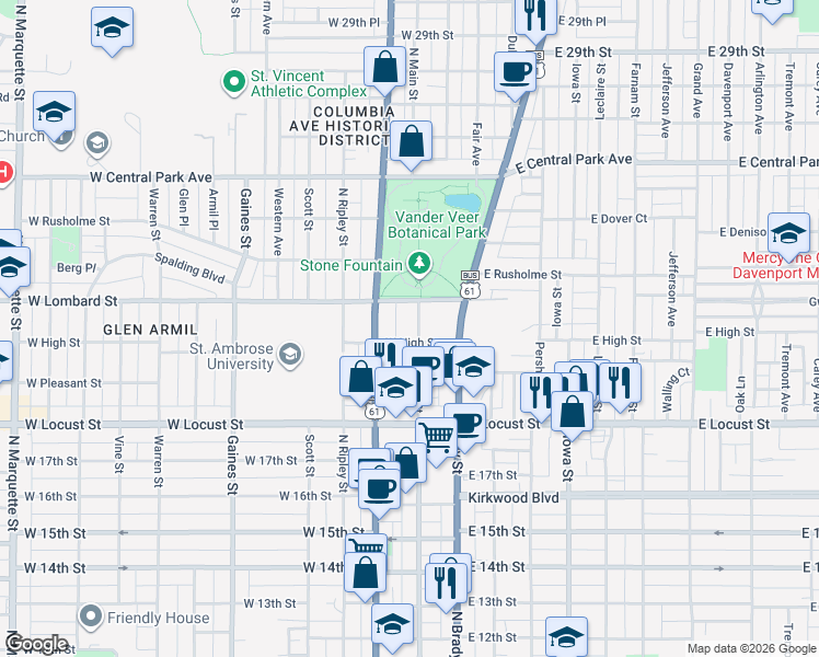 map of restaurants, bars, coffee shops, grocery stores, and more near 2110 North Main Street in Davenport