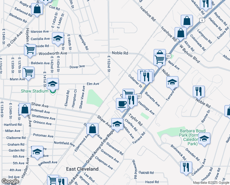 map of restaurants, bars, coffee shops, grocery stores, and more near 15524 Elderwood Avenue in East Cleveland