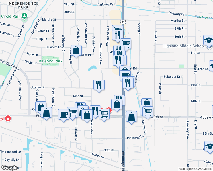 map of restaurants, bars, coffee shops, grocery stores, and more near 9519 Southmoor Avenue in Highland