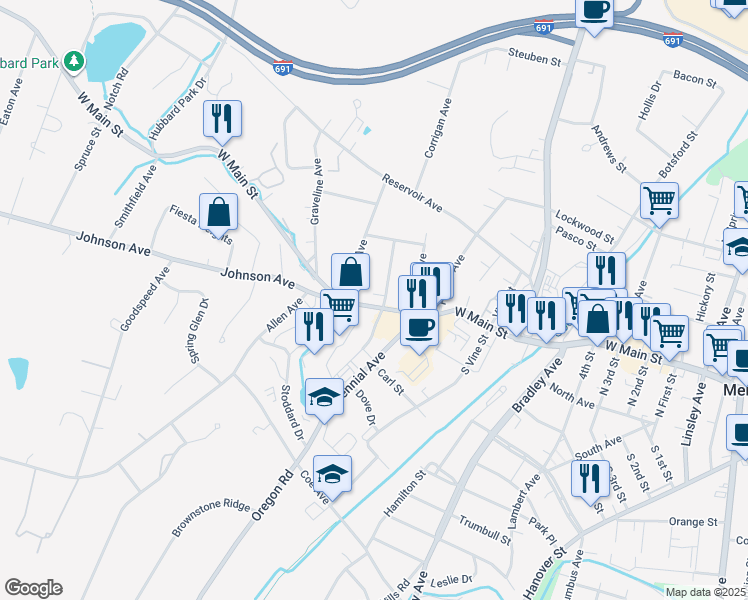 map of restaurants, bars, coffee shops, grocery stores, and more near 585 West Main Street in Meriden
