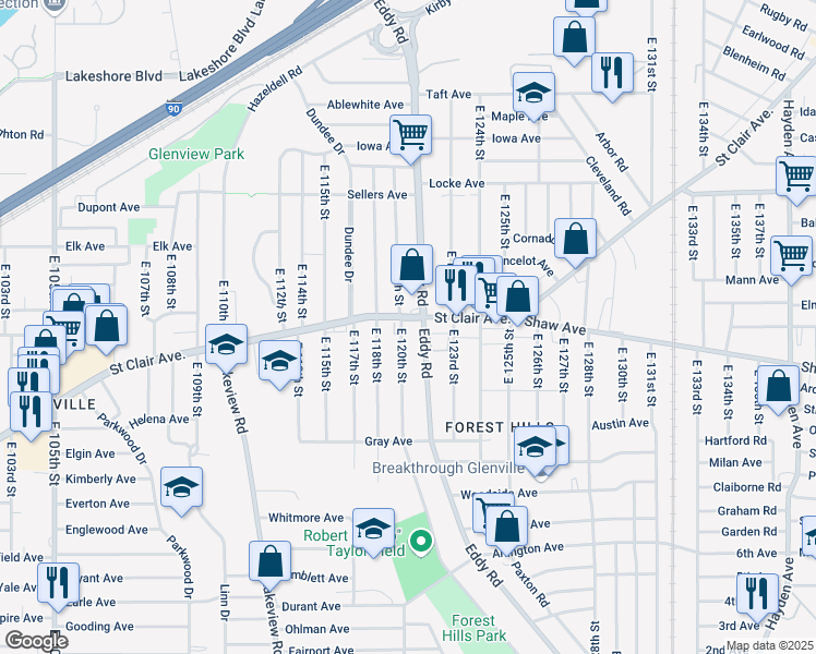 map of restaurants, bars, coffee shops, grocery stores, and more near 12006 Saint Clair Avenue in Cleveland
