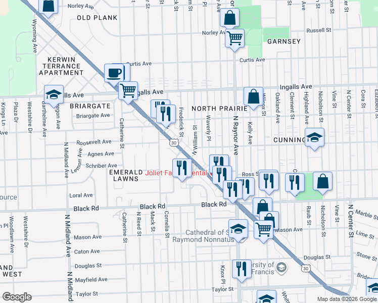 map of restaurants, bars, coffee shops, grocery stores, and more near 925 Lincoln Highway in Joliet