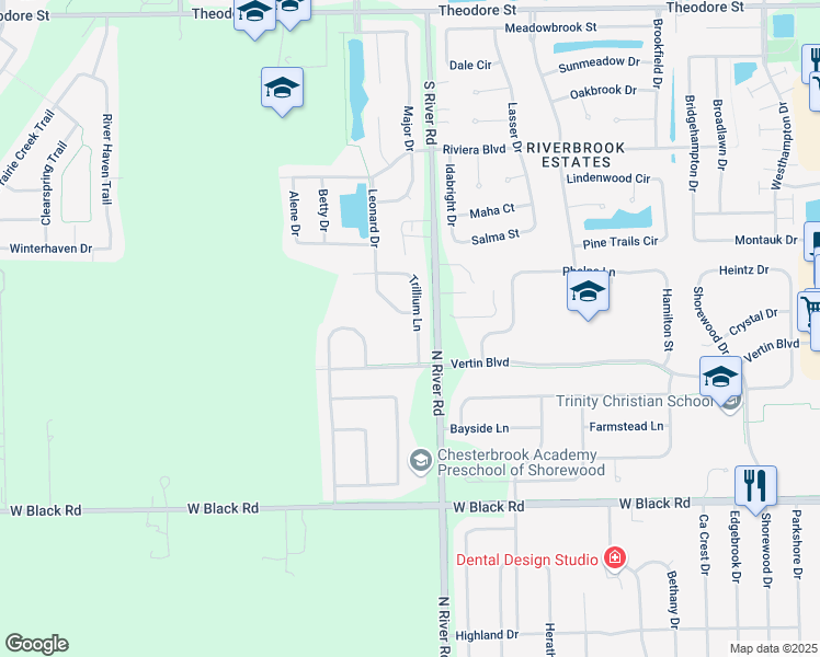 map of restaurants, bars, coffee shops, grocery stores, and more near 1009 Trillium Lane in Shorewood