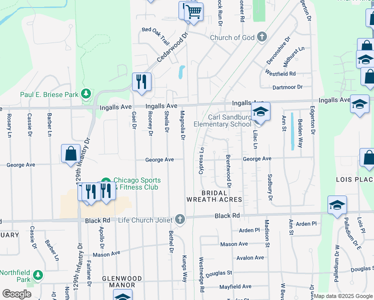 map of restaurants, bars, coffee shops, grocery stores, and more near 1012 Magnolia Drive in Joliet