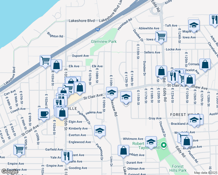 map of restaurants, bars, coffee shops, grocery stores, and more near 592 East 110th Street in Cleveland
