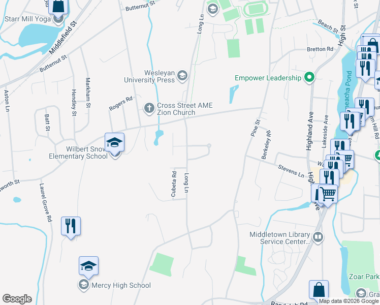 map of restaurants, bars, coffee shops, grocery stores, and more near 428 Long Lane in Middletown