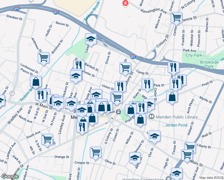 map of restaurants, bars, coffee shops, grocery stores, and more near 16 Union Street in Meriden