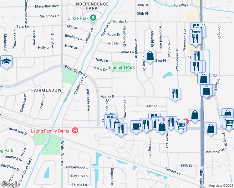 map of restaurants, bars, coffee shops, grocery stores, and more near 1905 Azalea Drive in Munster