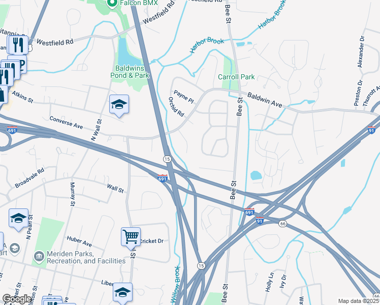 map of restaurants, bars, coffee shops, grocery stores, and more near 59 Bret Drive in Meriden