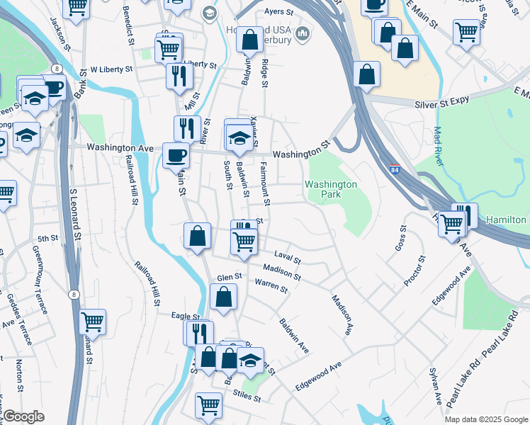 map of restaurants, bars, coffee shops, grocery stores, and more near 103 Fairmount Street in Waterbury