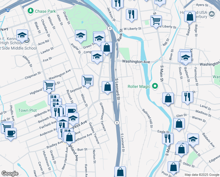 map of restaurants, bars, coffee shops, grocery stores, and more near 28 3rd Street in Waterbury