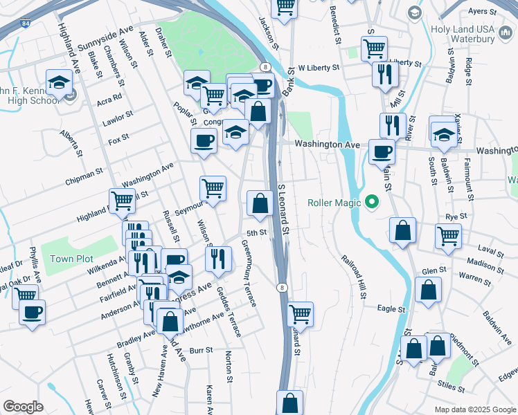 map of restaurants, bars, coffee shops, grocery stores, and more near 28 3rd Street in Waterbury
