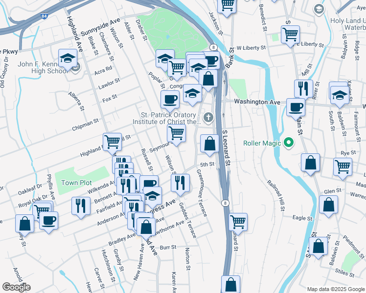 map of restaurants, bars, coffee shops, grocery stores, and more near 332 Congress Avenue in Waterbury