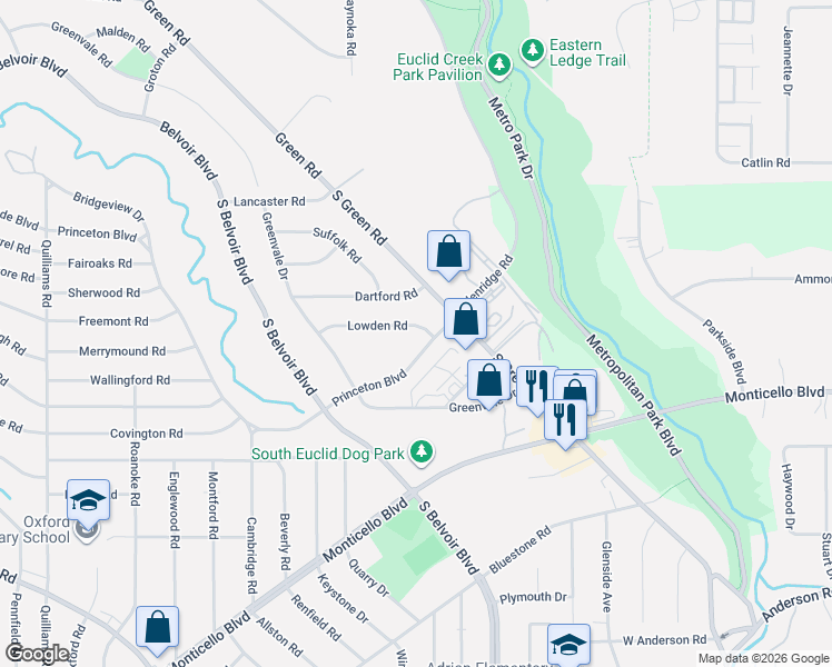 map of restaurants, bars, coffee shops, grocery stores, and more near 4118 Lowden Road in South Euclid