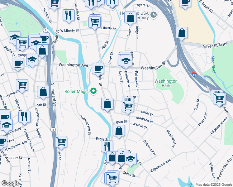 map of restaurants, bars, coffee shops, grocery stores, and more near 71 Southview St in Waterbury