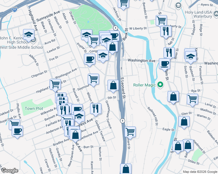 map of restaurants, bars, coffee shops, grocery stores, and more near 28 3rd Street in Waterbury