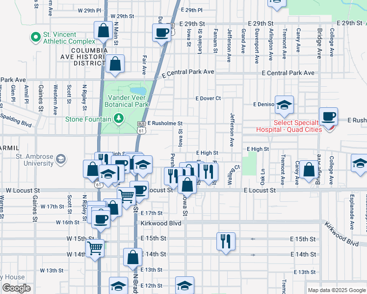 map of restaurants, bars, coffee shops, grocery stores, and more near 2111 Iowa Street in Davenport