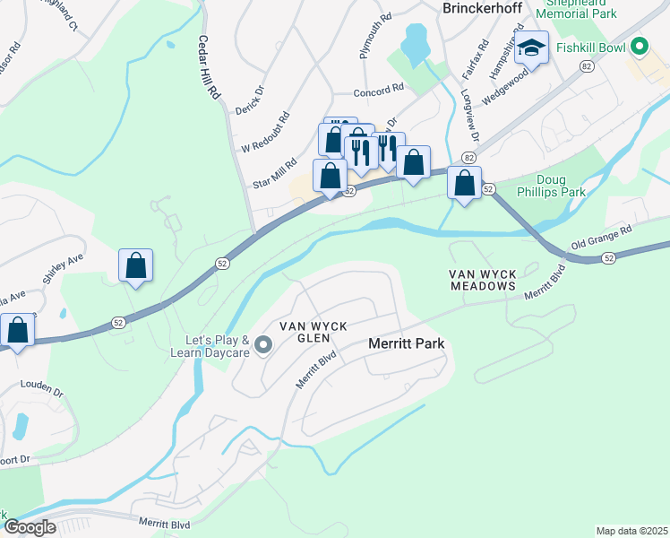map of restaurants, bars, coffee shops, grocery stores, and more near 615 Creekside Lane in Fishkill