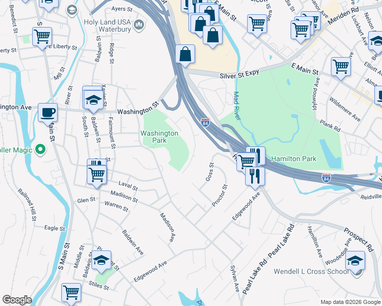 map of restaurants, bars, coffee shops, grocery stores, and more near 170 Rosewood Avenue in Waterbury
