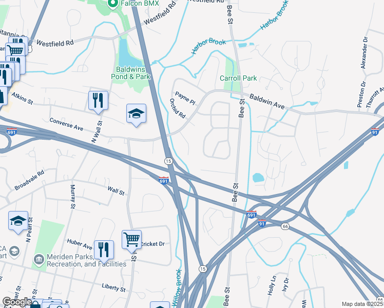 map of restaurants, bars, coffee shops, grocery stores, and more near 59 Bret Drive in Meriden