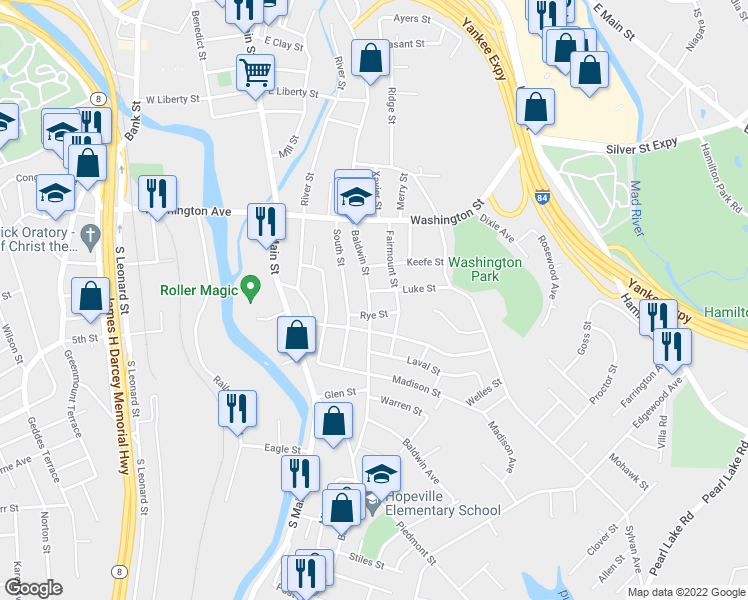 map of restaurants, bars, coffee shops, grocery stores, and more near 849 Baldwin Street in Waterbury