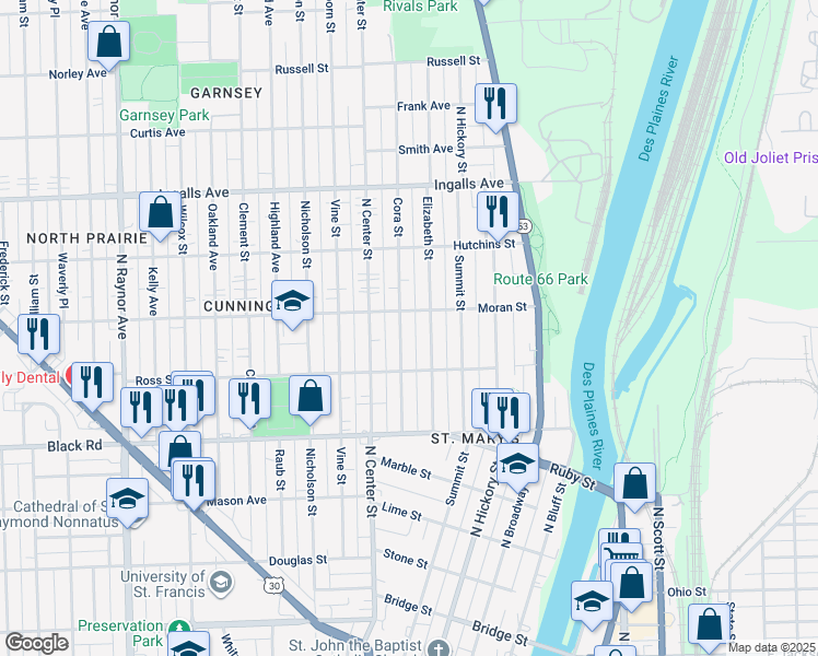 map of restaurants, bars, coffee shops, grocery stores, and more near 916 Cora Street in Joliet