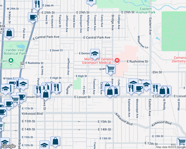 map of restaurants, bars, coffee shops, grocery stores, and more near 924 East High Street in Davenport