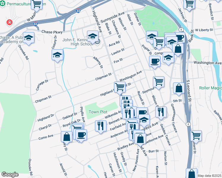 map of restaurants, bars, coffee shops, grocery stores, and more near 612 Highland Avenue in Waterbury