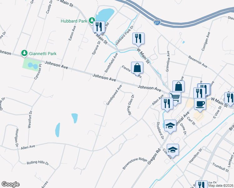 map of restaurants, bars, coffee shops, grocery stores, and more near 46 Goodspeed Avenue in Meriden