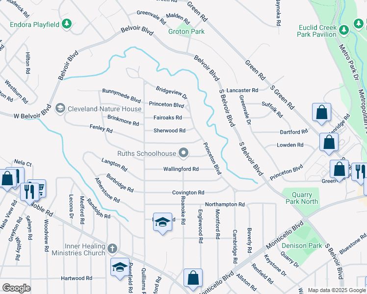 map of restaurants, bars, coffee shops, grocery stores, and more near 3822 Freemont Road in South Euclid