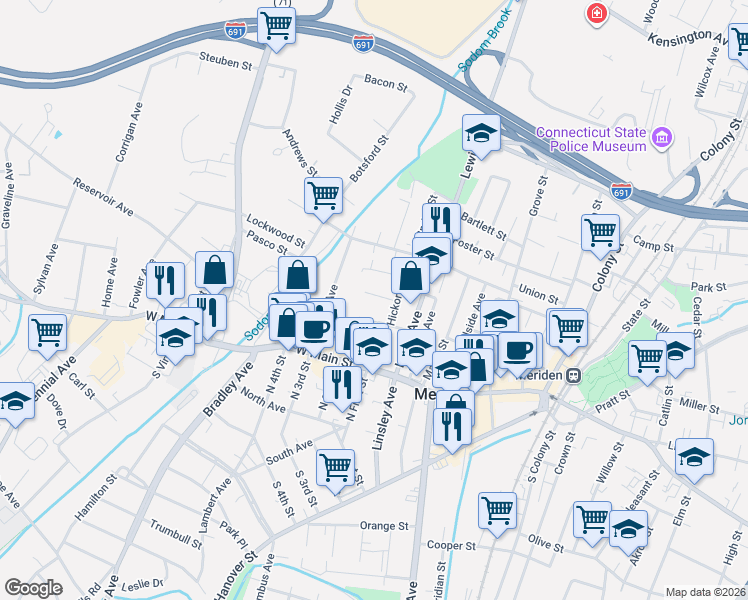 map of restaurants, bars, coffee shops, grocery stores, and more near 24 Garden Street in Meriden