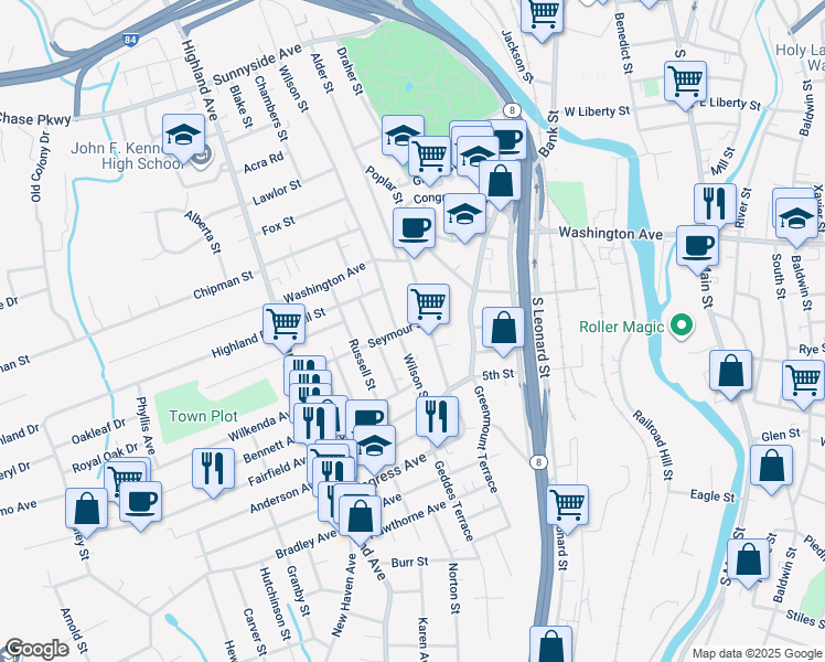 map of restaurants, bars, coffee shops, grocery stores, and more near 332 Congress Avenue in Waterbury