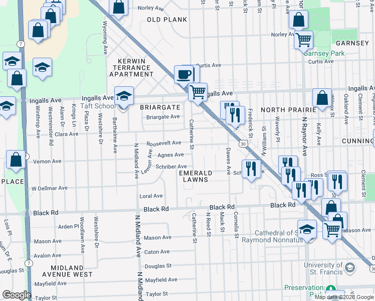 map of restaurants, bars, coffee shops, grocery stores, and more near 1203 Agnes Avenue in Joliet