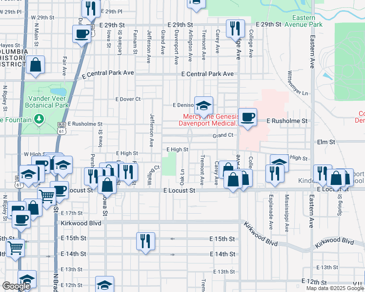map of restaurants, bars, coffee shops, grocery stores, and more near 824 East High Street in Davenport