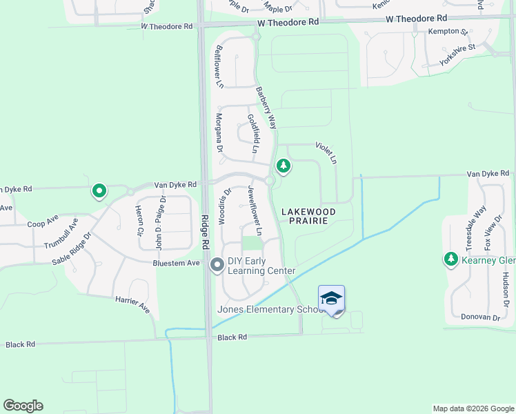 map of restaurants, bars, coffee shops, grocery stores, and more near 1104 Jewelflower Lane in Joliet
