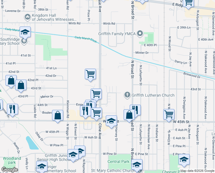 map of restaurants, bars, coffee shops, grocery stores, and more near 9438 Cline Avenue in Highland