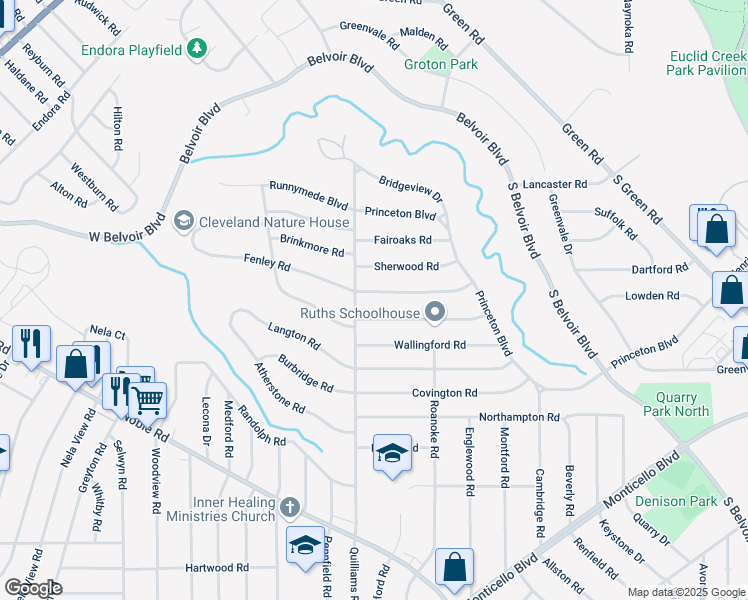 map of restaurants, bars, coffee shops, grocery stores, and more near 3750 Freemont Road in South Euclid