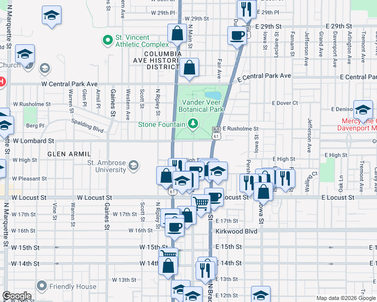 map of restaurants, bars, coffee shops, grocery stores, and more near 2110 North Main Street in Davenport
