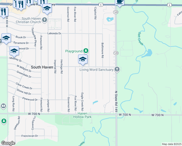 map of restaurants, bars, coffee shops, grocery stores, and more near 724-740 Devonshire Road in Valparaiso