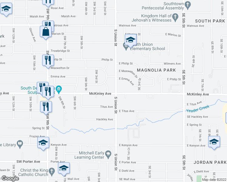 map of restaurants, bars, coffee shops, grocery stores, and more near 101 McKinley Avenue in Des Moines