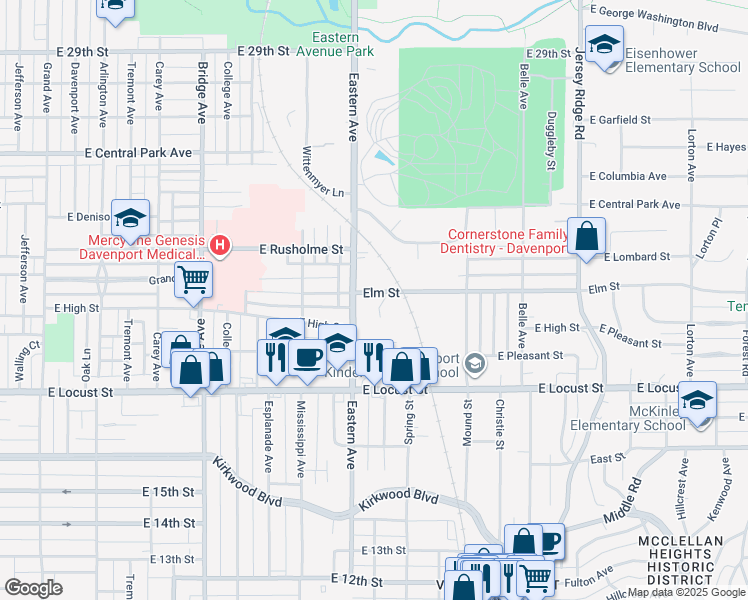 map of restaurants, bars, coffee shops, grocery stores, and more near 1721 Elm Street in Davenport